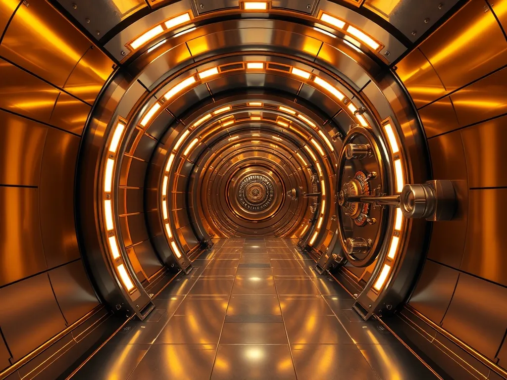 A high-tech modern bank vault interior with golden lighting