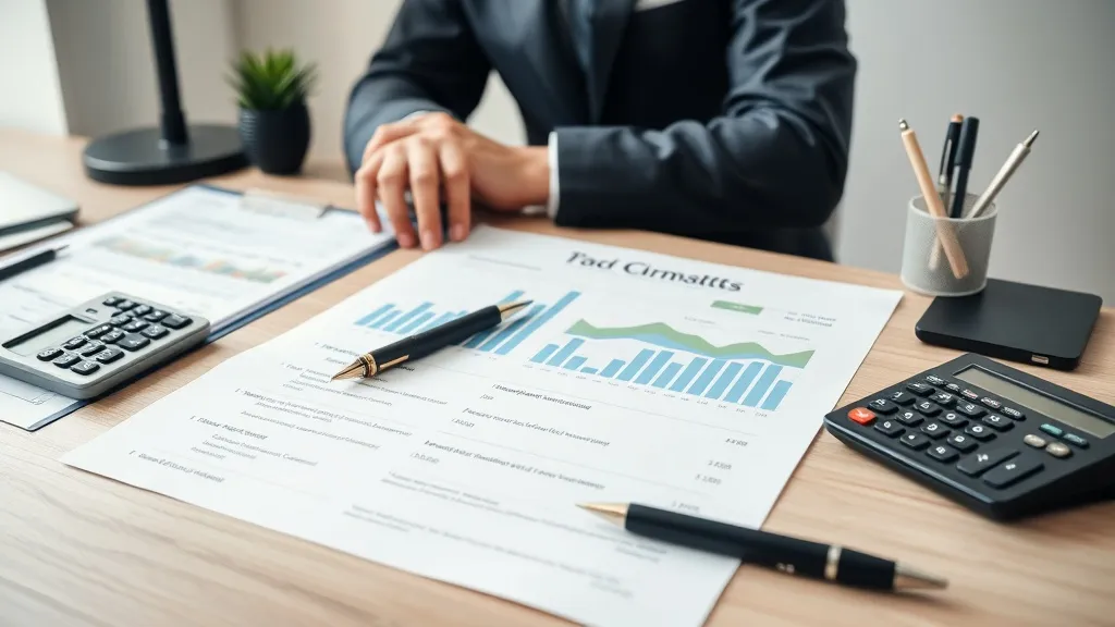 A professional desk with financial reports, a calculator, an